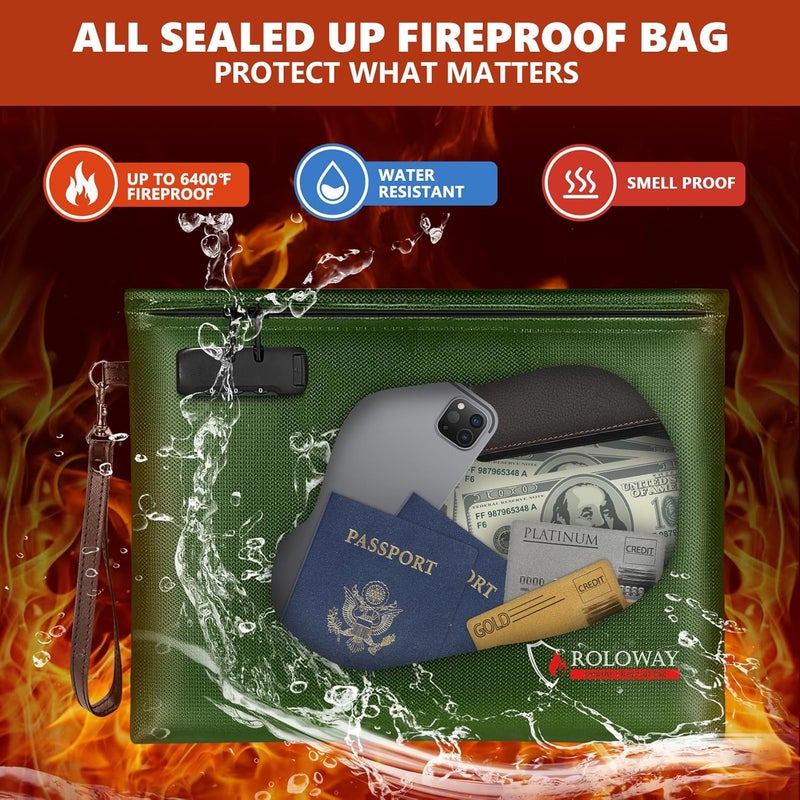 ROLOWAY Fireproof Document Bag (14.5 x 11.5 inch), 6400℉ Fireproof Money Bag with Zipper for Cash, Fire Safe Money Pouch with Lock (Green) - Image 3